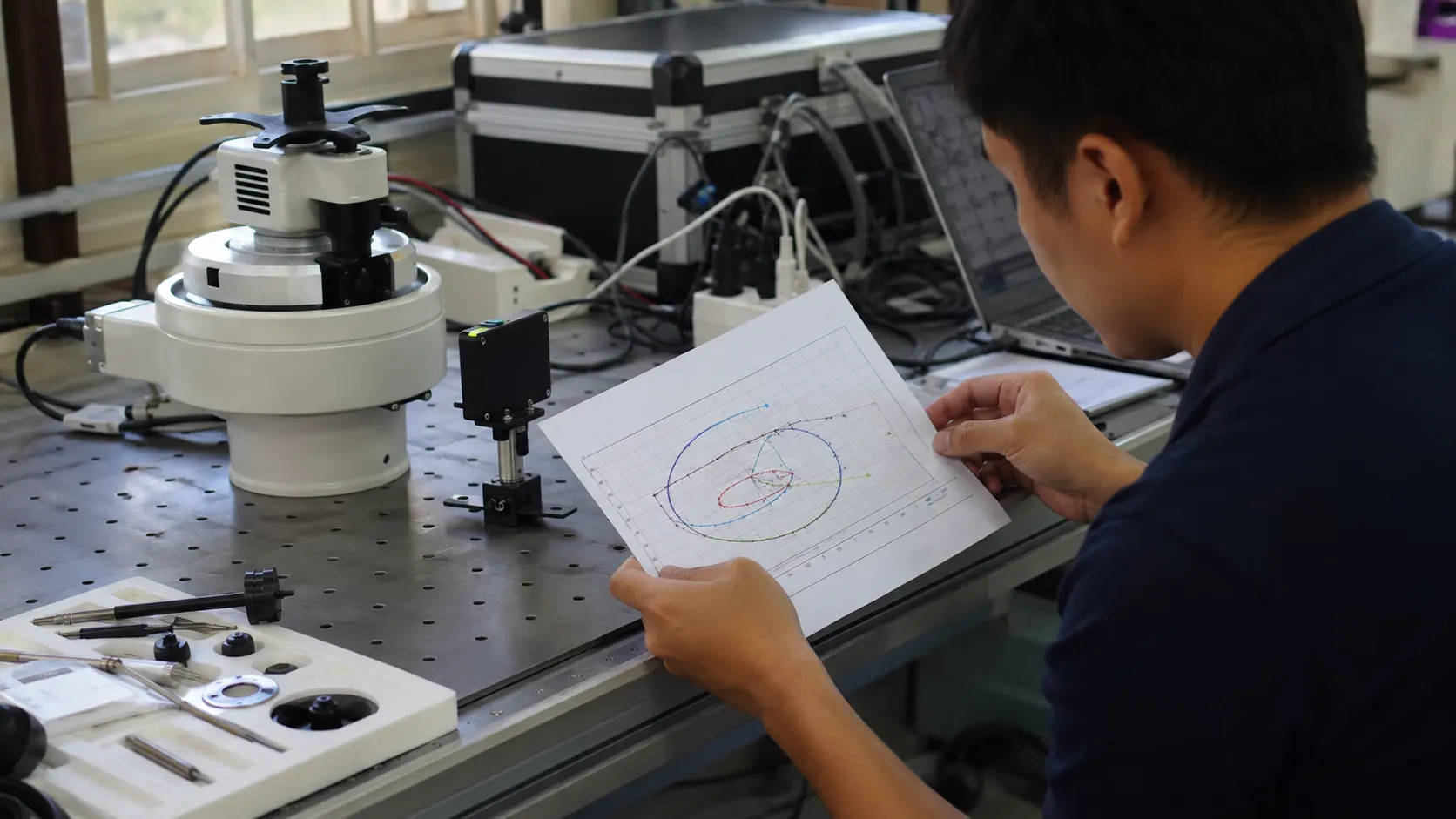วิศวกรทบทวนกราฟเส้นทางบนกระดาษข้างอุปกรณ์ปรับเทียบ