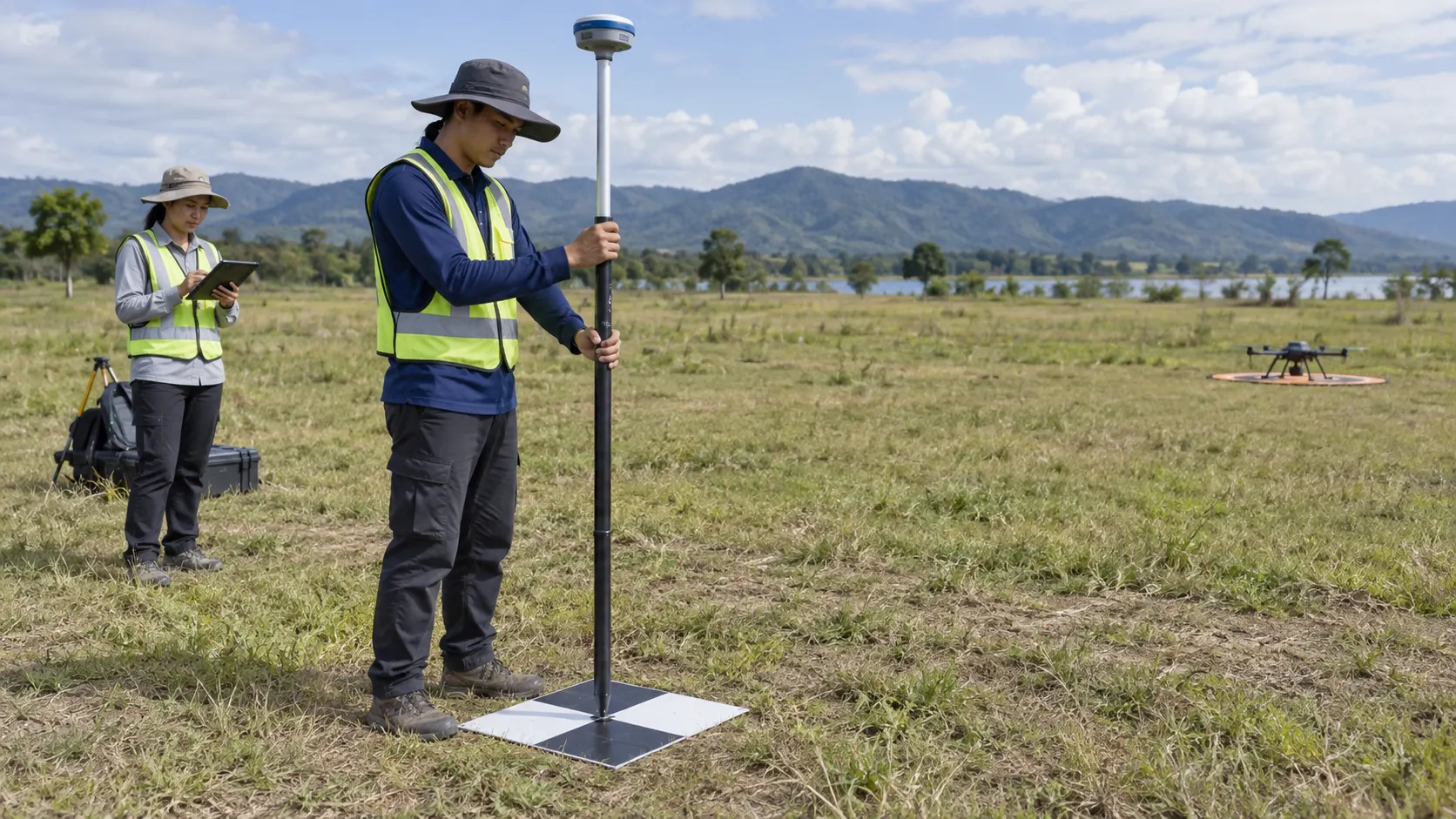ผู้สำรวจตั้งเสา GNSS เหนือเป้าภาคพื้นและบันทึกข้อมูลในพื้นที่โล่ง